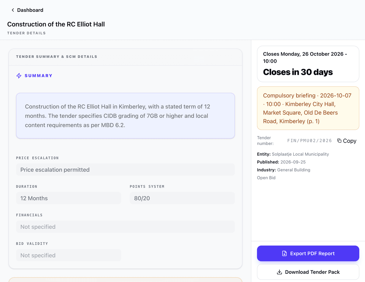 The Tender OS page for a real tender: a plain-English summary of the job, the contract length and points system, with the closing date and countdown, the compulsory briefing date and venue, the tender number, the buyer, and buttons to export a PDF report or download the tender pack